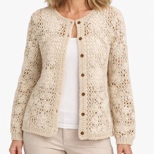 Solitaire Cream Crochet Flowers Button down Women's Cardigan  Cottagecore Size S